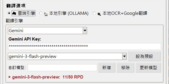 翻譯操作頁籤中 API Key 輸入欄位